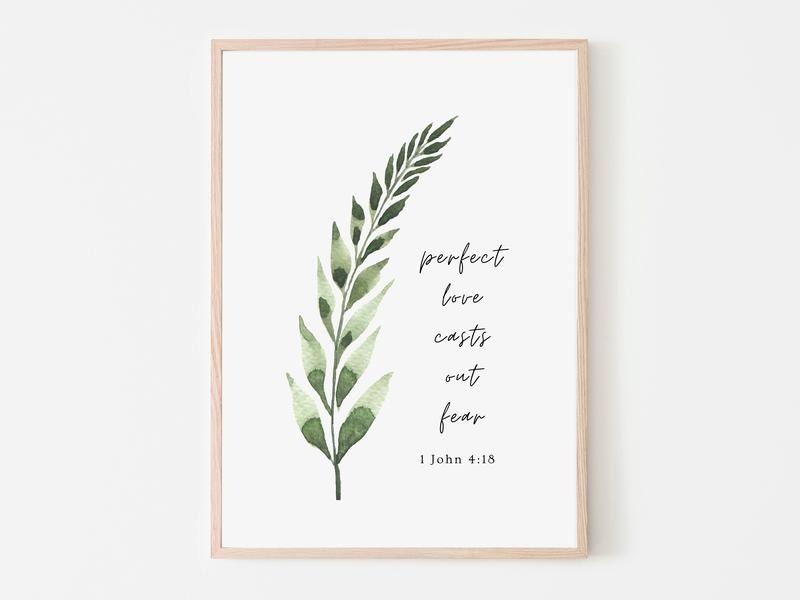 1 John 4:18 Bible Verse Quote, Perfect Love Casts Out Fear Wall Art | Watercolor Leaf Print Poster Prints No Frame, Gifts...