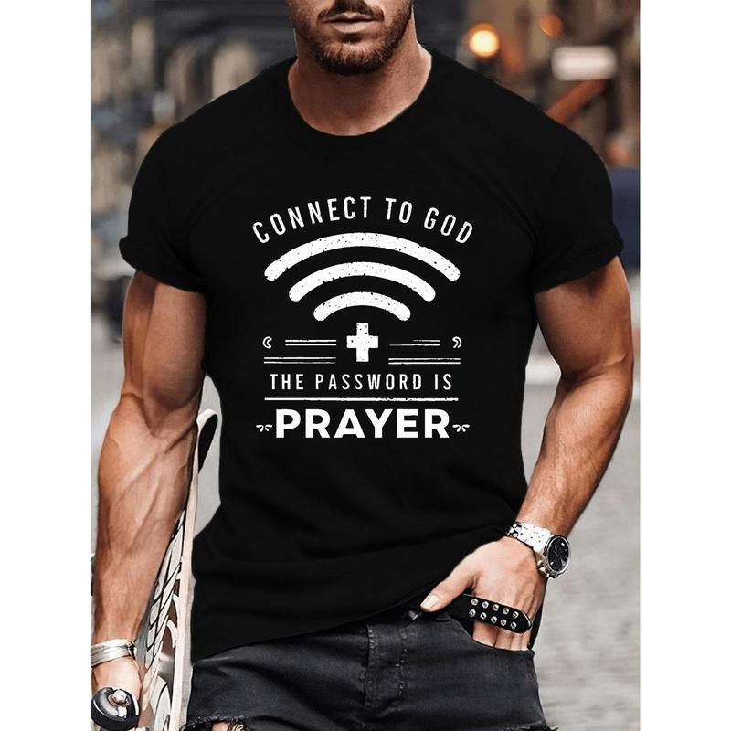1 pc, 100% cotton T-shirt, CONNECT TO GOD Print Men's Crew Neck T-shirt, Short Sleeve Comfy Versatile Tee Tops, Summer...