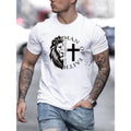 1 pc, 100% cotton T-shirt, Lion And Cross Print Men's Crew Neck Fashionable Short Sleeve Sports T-shirt, Comfortable And...