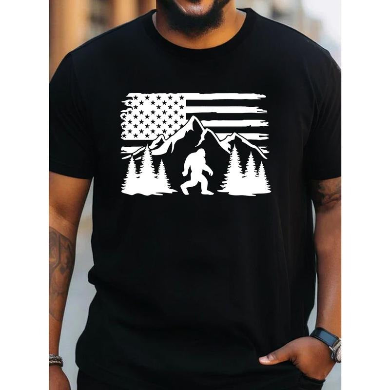 1 pc, 100% cotton T-shirt, Plus Size Men's Mountains Print Creative Top, Casual Short Sleeve Crew Neck T-shirt, Men's...