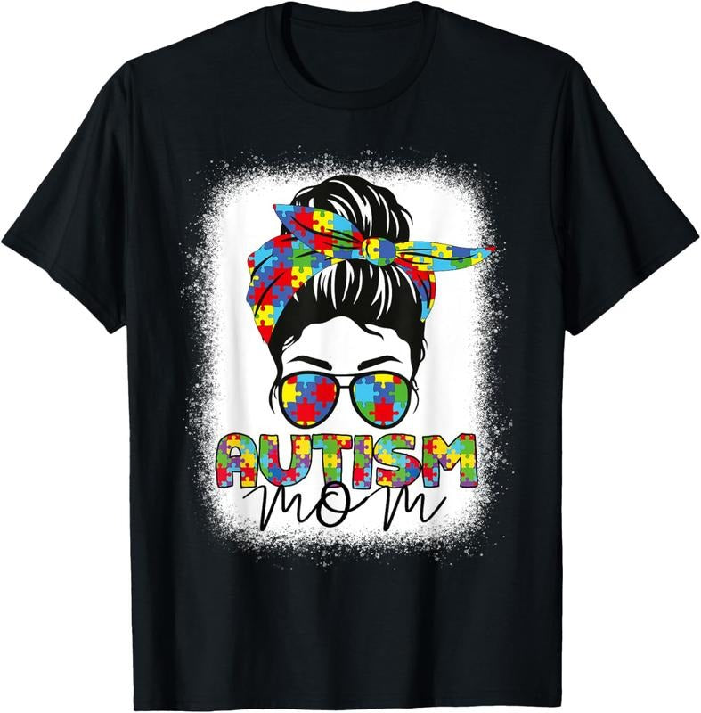 100% Cotton Autism Mom Life Messy Bun Bleached Mothers Day Autism Mom T-Shirt Hoodie, Sweatshirt | GrindPrints.com