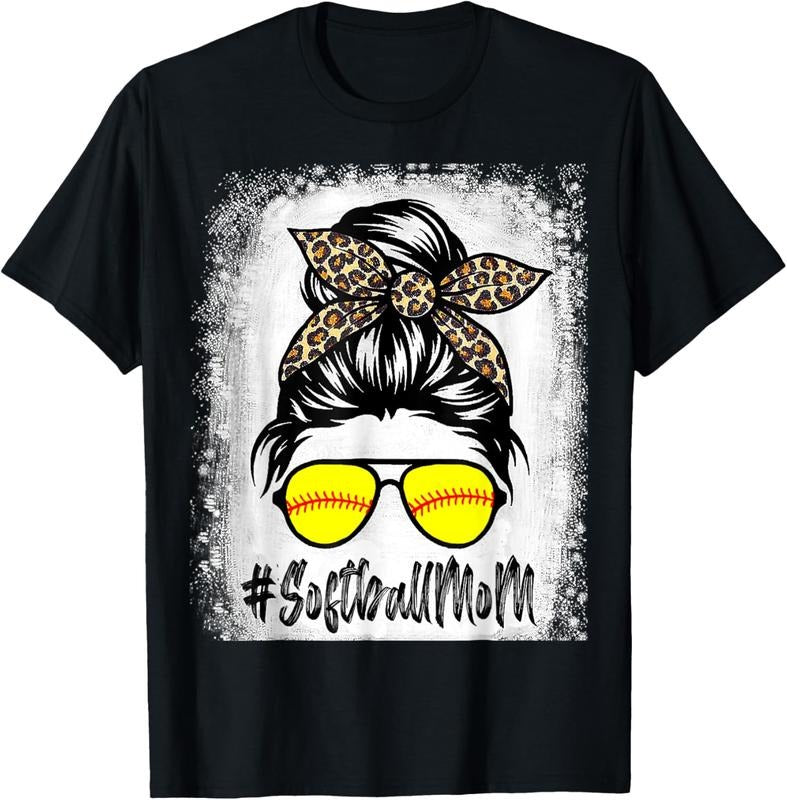 100% Cotton Bleached Softball Mom Life With Leopard and Messy Bun Player T-Shirt Hoodie, Sweatshirt | GrindPrints.com