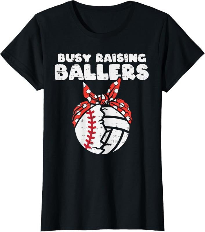 100% Cotton Busy Raising Ballers Baseball Volleyball Mom Son T-Shirts, Hoodie, Sweatshirt