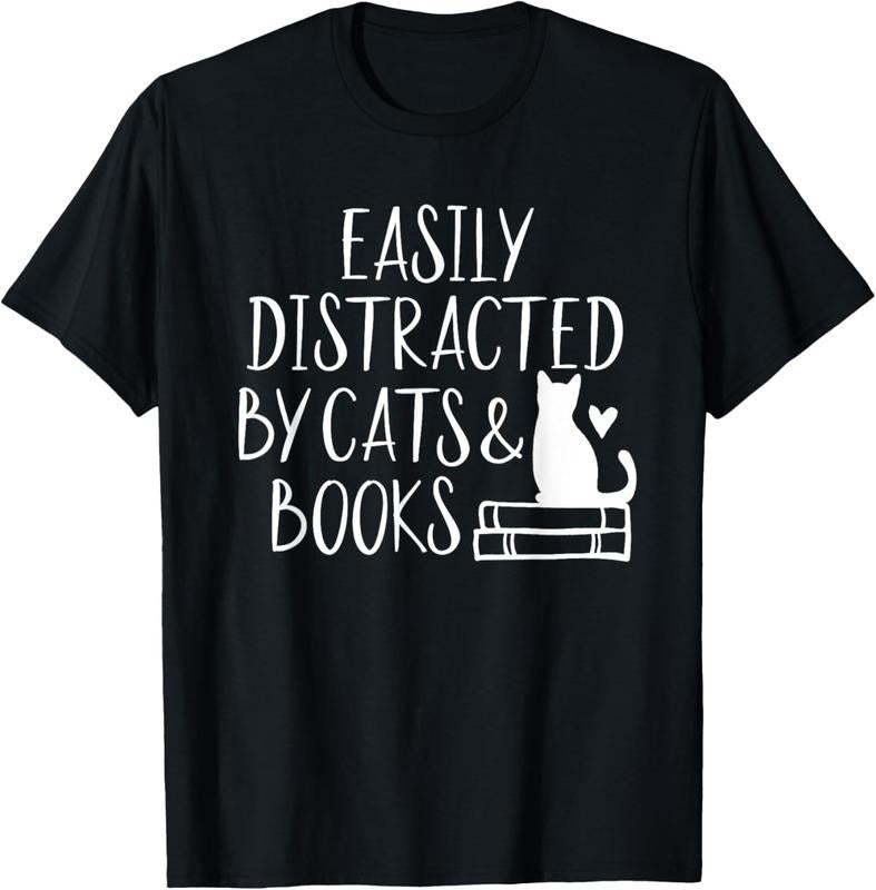 100% Cotton Easily Distracted by Cats and Books - Cute Book Lover T-Shirt Hoodie, Sweatshirt | GrindPrints.com