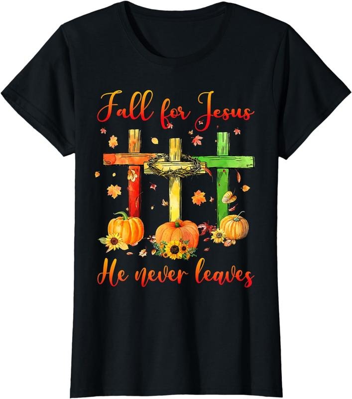 [100% Cotton]Fall For Jesus He Never Leaves Autumn Christian Gift Costume T-Shirt Hoodie, Sweatshirt | GrindPrints.com