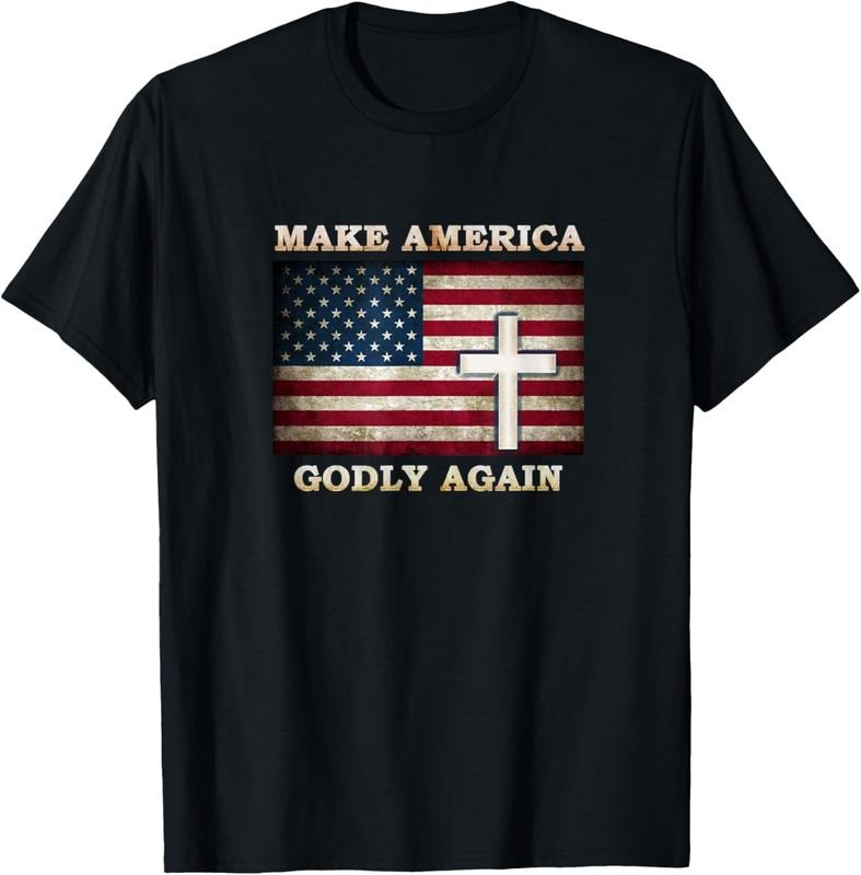 100% Cotton Make America Godly Again American Flag with Cross of Jesus T-Shirt Hoodie, Sweatshirt | GrindPrints.com