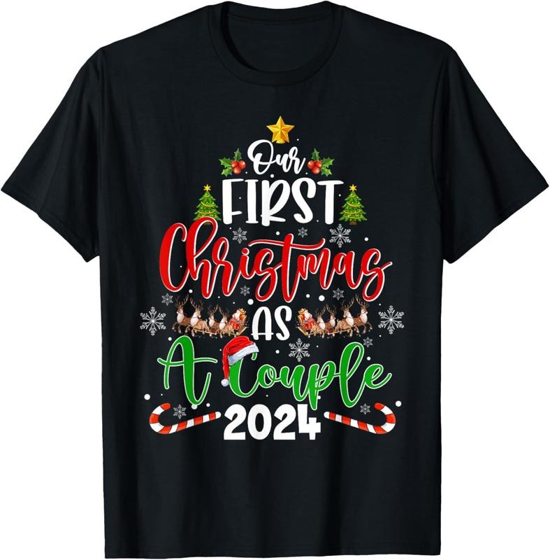 100% Cotton Our First Christmas As A Couple 2024 Xmas Love Couple Pajama T-Shirt Hoodie, Sweatshirt | GrindPrints.com