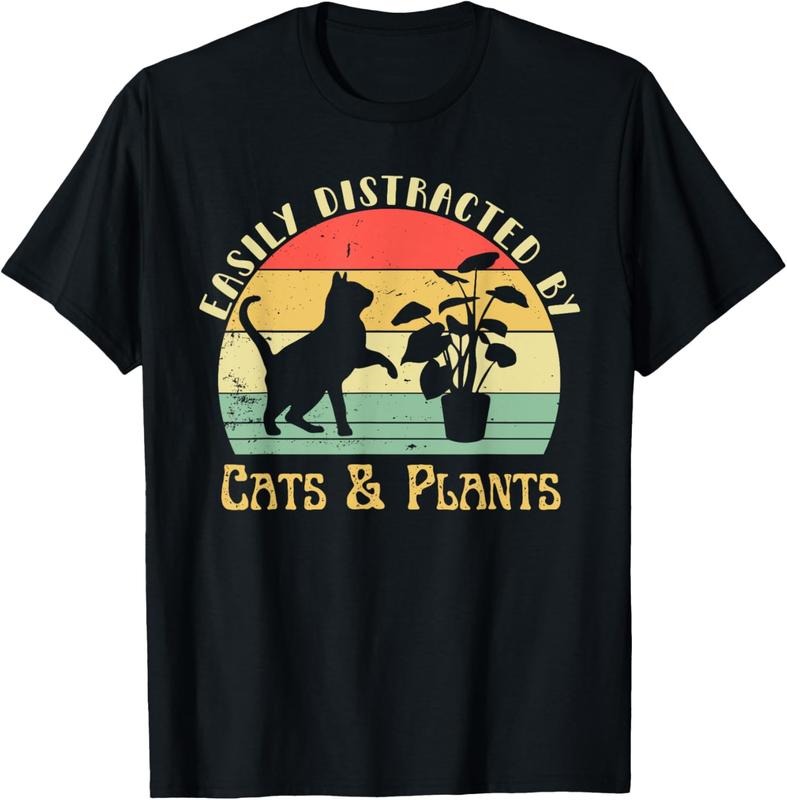 100% Cotton Retro Pet Cat Plant Lover Easily Distracted By Plants & Cats T-Shirt Hoodie, Sweatshirt | GrindPrints.com