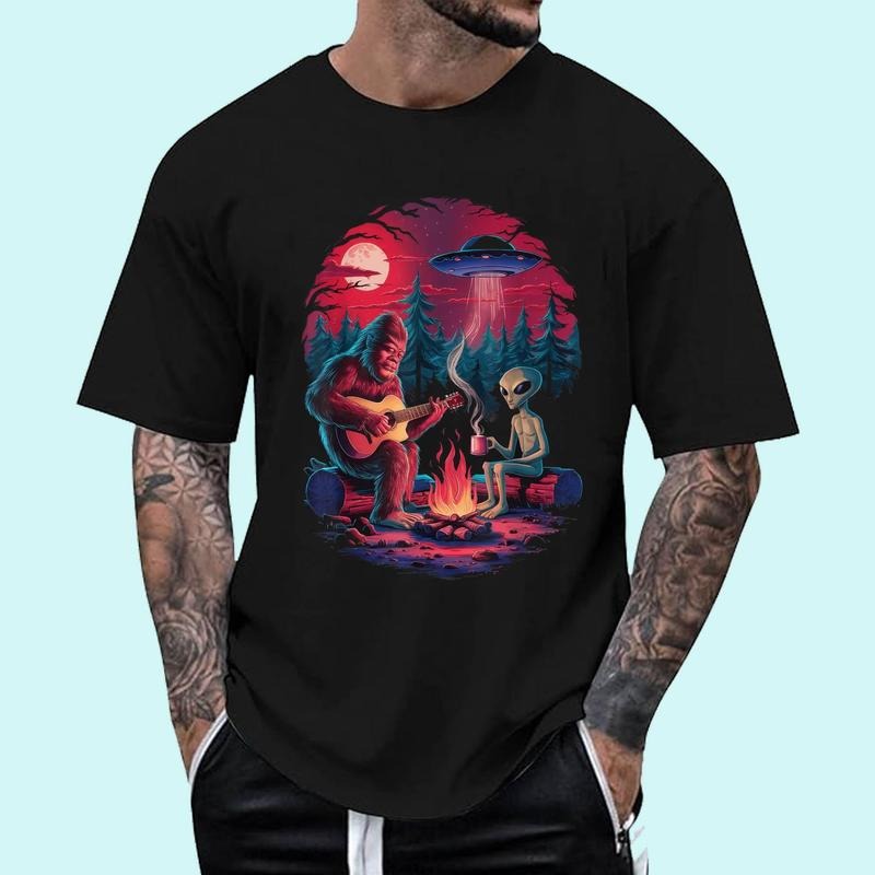 [100% Cotton Shirt] Funny Alien Bigfoot Campfire Moon UFO Adventure Hiking T-Shirts, Hoodie, Sweatshirt