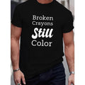 100% cotton T-shirt, Men's Broken Crayons Still Color Print T-shirt, Casual Short Sleeve Crew Neck Tee, Men's Clothing...