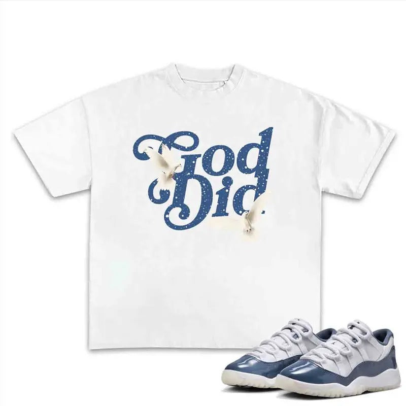 11S Diffused Blue God Did Cotton Menswear Top Streetwear Shortsleeve Tshirt Hoodie, Sweatshirt | GrindPrints.com
