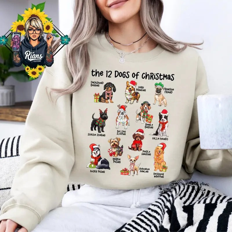 12 Dogs Of Christmas Comfortable Cozy Sweatshirt Crew Neck Cute Pullover T-Shirts, Hoodie | GrindPrints.com