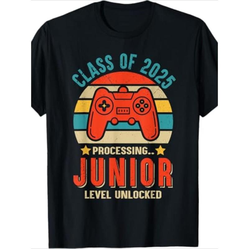 1pc 2025 Class Junior Level Unlocked Game Controller 100% Cotton Crew Neck Short Sleeve Casual Fit Knit Fabric Digital Heat Transfer Print Geometric Pattern Regular Length Weekend Casual Made Usa T-Shirts, Hoodie, Sweatshirt