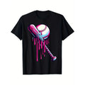 1pc Baseball Bat Drip T-Shirt for Men - 100% Cotton Casual Tee with Graphic Print, Round Neck, Stretch Fabric, All-Season...
