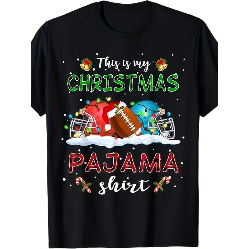 1pc Christmas Football Themed T-Shirt, 100% Cotton Crew Neck, Casual Loose Fit with Short Sleeves, All-Season Knit Fabric...