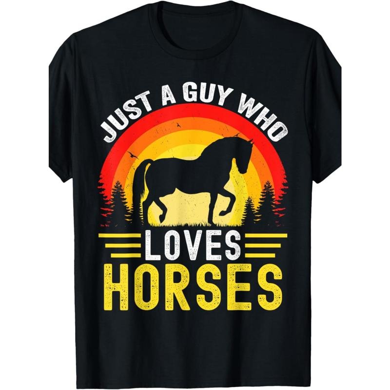 1pc EWH Men'S Casual Cotton T-Shirt with Just a Guy Who Loves Horses Print, Vintage Friesian Horse Graphic, Round Neck,...