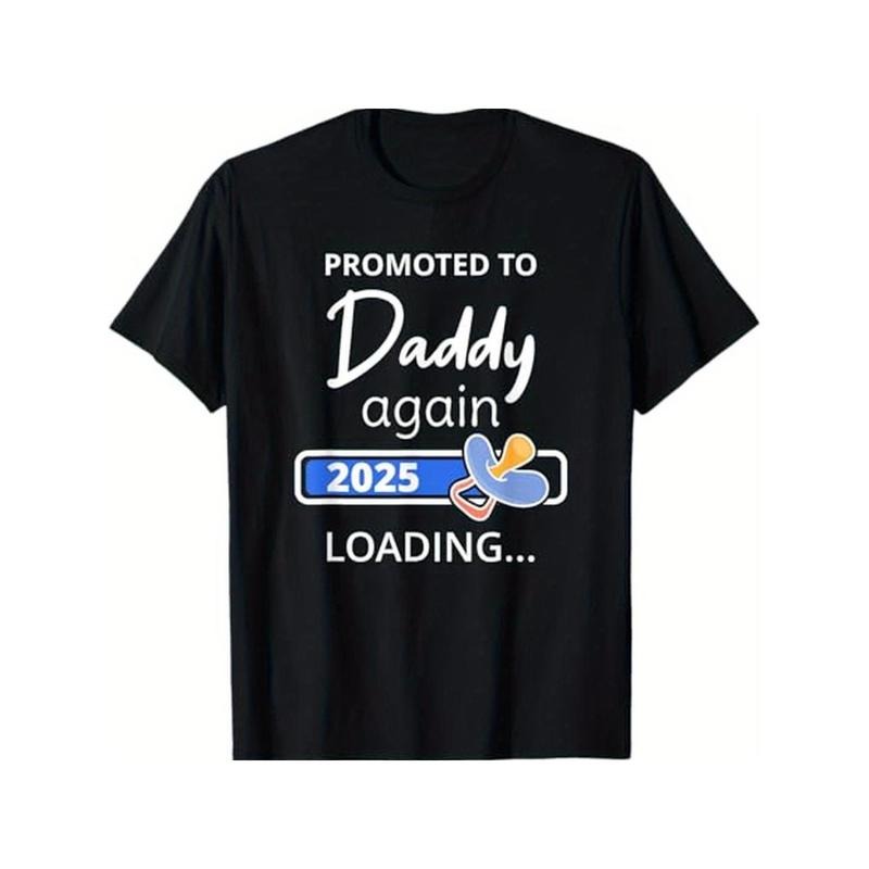 1pc Men'S "Promoted to Daddy Again 2025" T-Shirt - 100% Cotton, Crew Neck, Casual Style, Slight Stretch, Geometric...