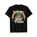 1pc Men'S Cotton T-Shirt with "Be in Awe of My Tism" Raccoon Graphic - Crew Neck, Geometric Pattern, All-Season Sports...