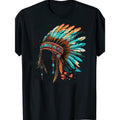 1pc Native American Indian Headdress Graphic T-Shirt for Men, Casual Cotton Tee with Feather Detail, Round Neck, Knit...