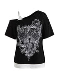 2 in 1 Cold Shoulder Graphic Tees Short Sleeve Goth Y2K T Shirt Fake Two Piece Tops Hoodie, Sweatshirt | GrindPrints.com