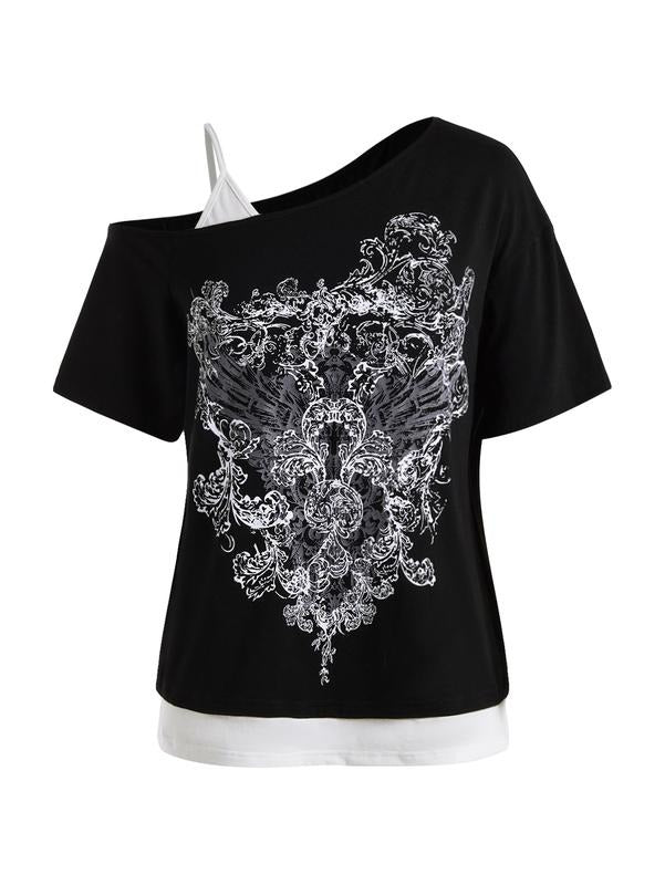 2 in 1 Cold Shoulder Graphic Tees Short Sleeve Goth Y2K T Shirt Fake Two Piece Tops Hoodie, Sweatshirt | GrindPrints.com