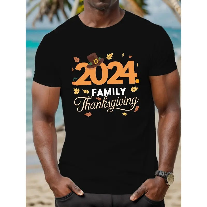 2024 Family Thanksgiving Crew Neck T-Shirt - 100% Cotton  Knit Fabric with Geometric Pattern, Casual Style, Slight...