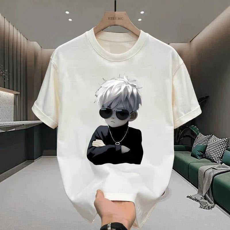 2025 Summer Men's T-Shirt Loose Round Neck Top Ins Trendy Casual Versatile Japanese Style Printed Short Sleeve Hoodie,...