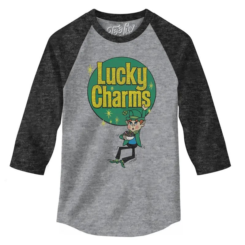 Lucky Charms Retro Logo 3/4 Sleeve Raglan Jersey T-Shirt - Gray and Black Hoodie, Sweatshirt | GrindPrints.com
