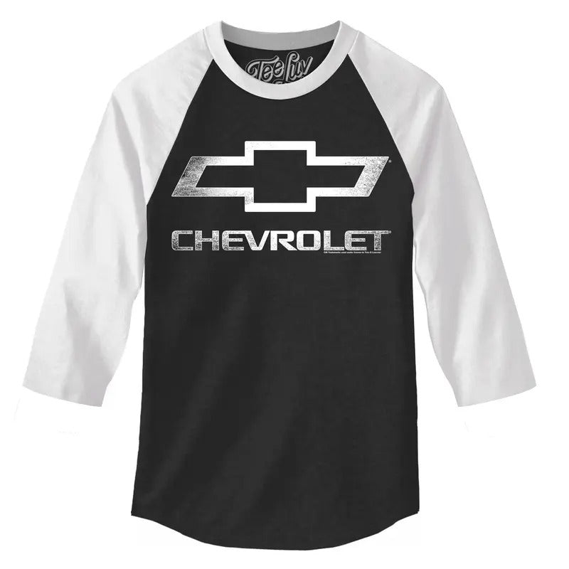 Chevrolet Logo 3/4 Sleeve Raglan Jersey T-Shirt- Black and White Hoodie, Sweatshirt | GrindPrints.com