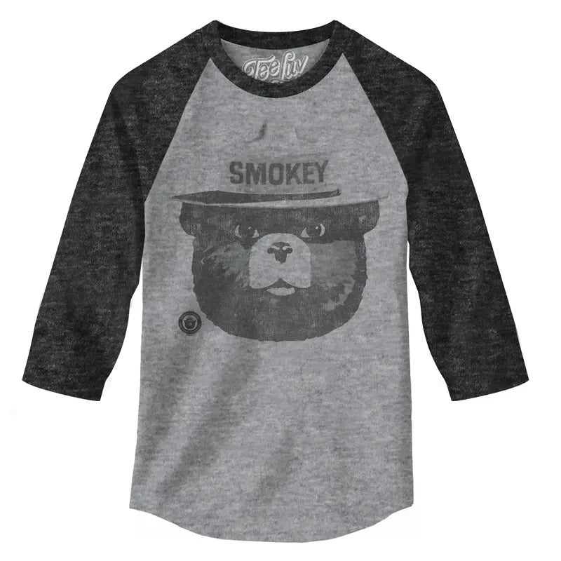 Smokey Bear 3/4 Sleeve Raglan T-Shirt - Gray and Black Hoodie, Sweatshirt | GrindPrints.com