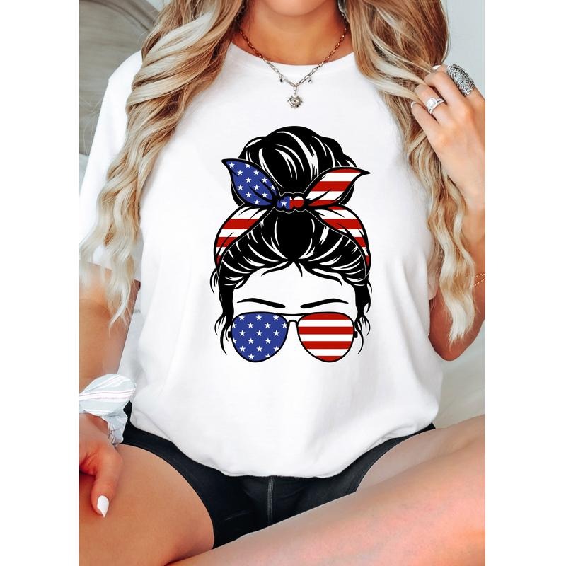 4th Of July Messy Hair Shirt, American Tee For Girl, Independence Day Tee, American Flag T-shirt, Patriotic Shirt For...