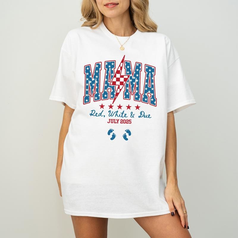 4th of July Pregnancy Announcement Twin T-Shirt, American Mama T-Shirt, Red White and Due T-Shirt, Patriotic Maternity...