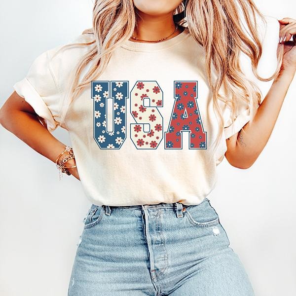 4th of July Shirt, USA Floral Flowers Tshirt, Independence day Women Tee & Sweatshirt Hoodie Cotton Crewneck