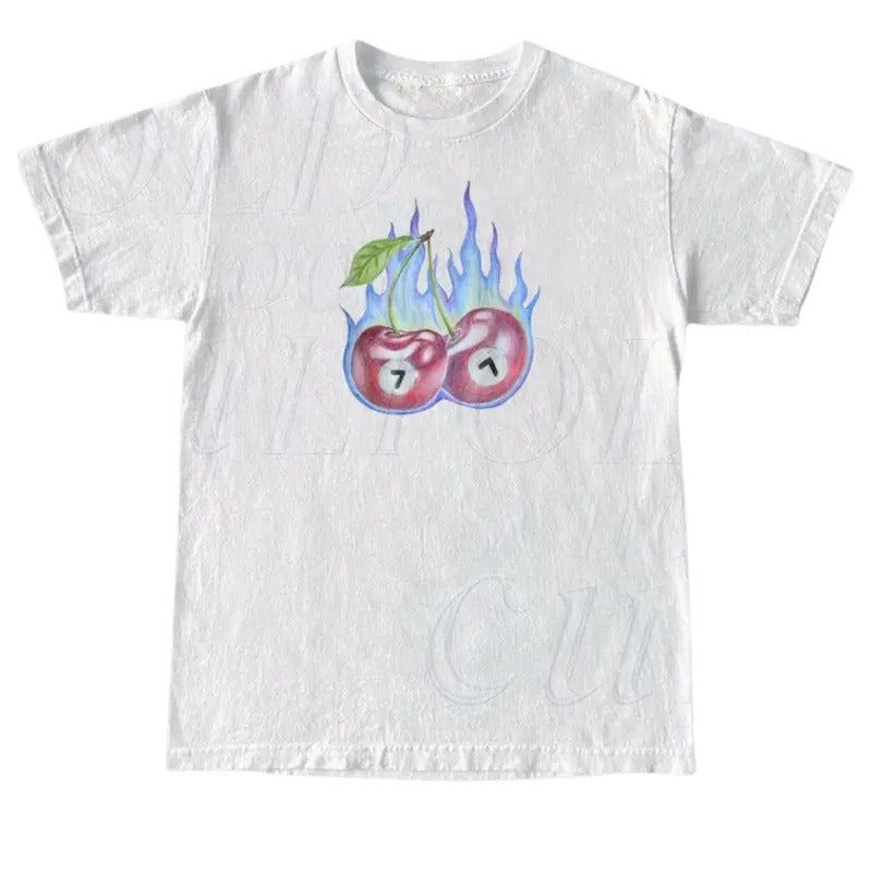 7 Ball Cherry On Fire Vintage Style Tshirt, Retro Y2k Lucky Cute Shirt, Cherry Shirts, Lucky 7 Hand Drawn Gifts, Billard...