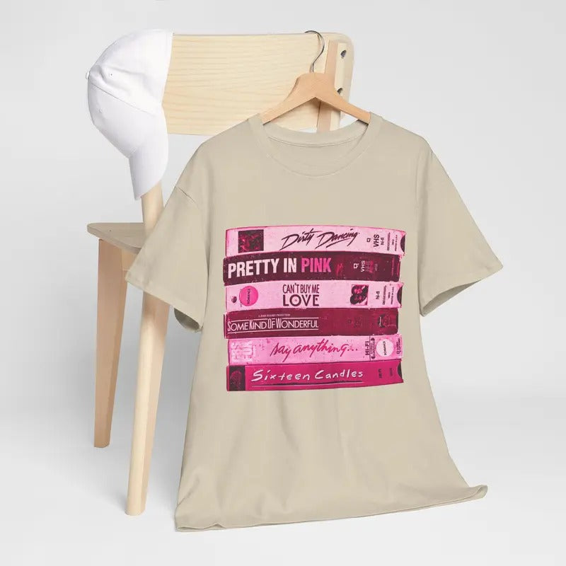 80s Rom Com Movies Unisex T-Shirt, Romance of the 1980s in Pink Colors, Love stories VHS Tapes Pretty in Pink Dirty...