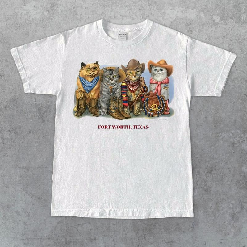 90s Prints Of Tails Cowboy Western Cats Graphic Tee Short Sleeve Unisex T-Shirt Hoodie, Sweatshirt | GrindPrints.com