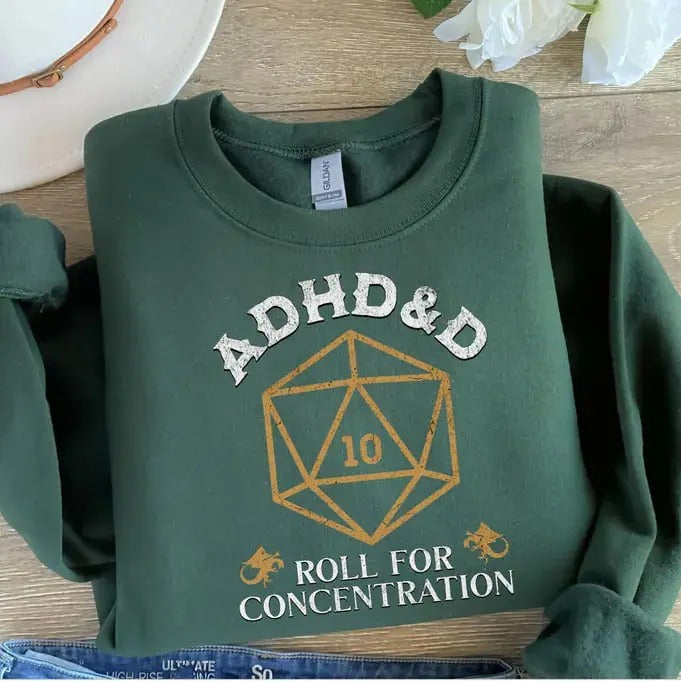 ADHD&D Roll for Concentration Sweatshirt, Dungeons and Dragons T-shirt, DnD Vintage Tee, ADHD shirt, DnD Shirt, RPG Gift,...