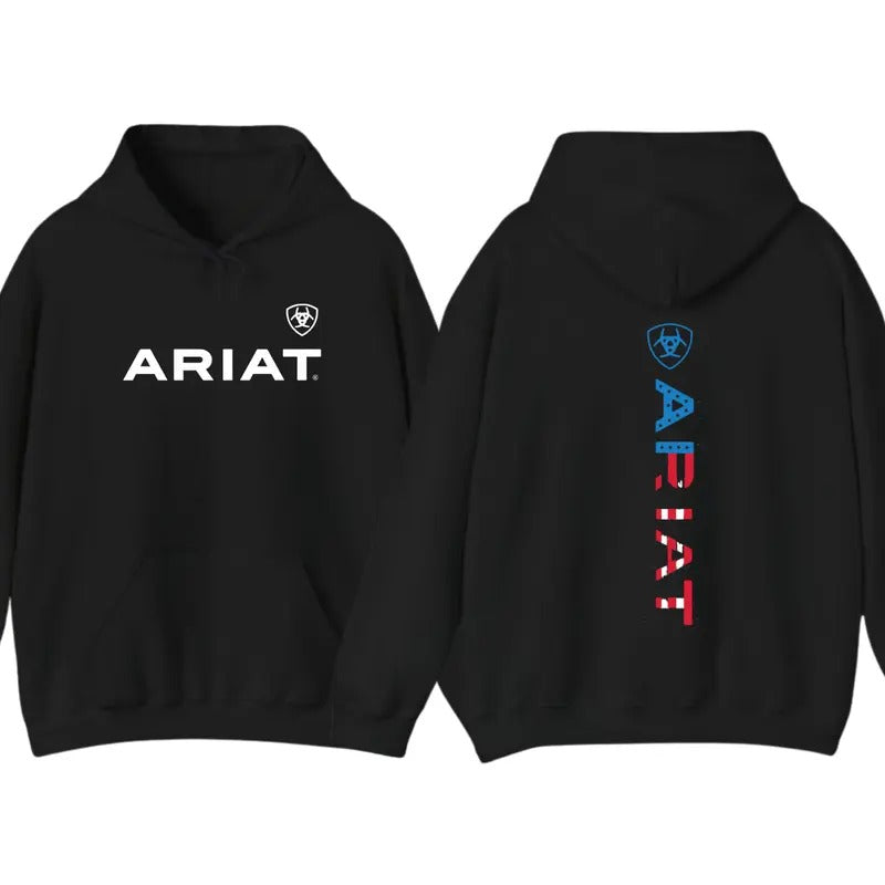 ARIAT Hoodie Sweatshirt T-Shirt, Vertical logo design with bold American flag pattern, For Men, For Women | GrindPrints.com