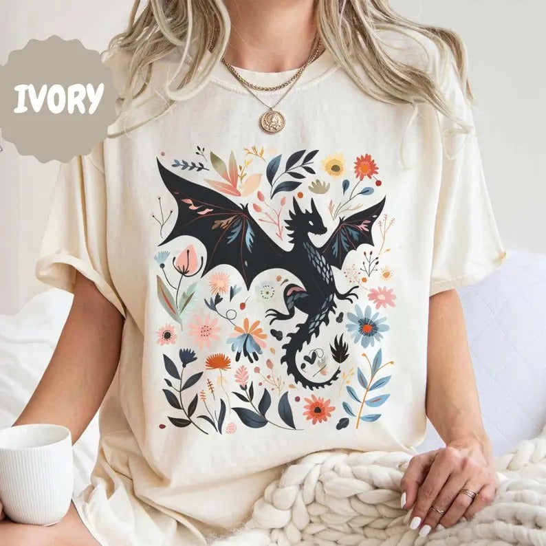 Abraxos Flower T-Shirt, Fantasy Dragon Bookish Shirt, Boho Wildflowers Cottagecore Shirt, Fantasy Book Lover Shirt, Book...