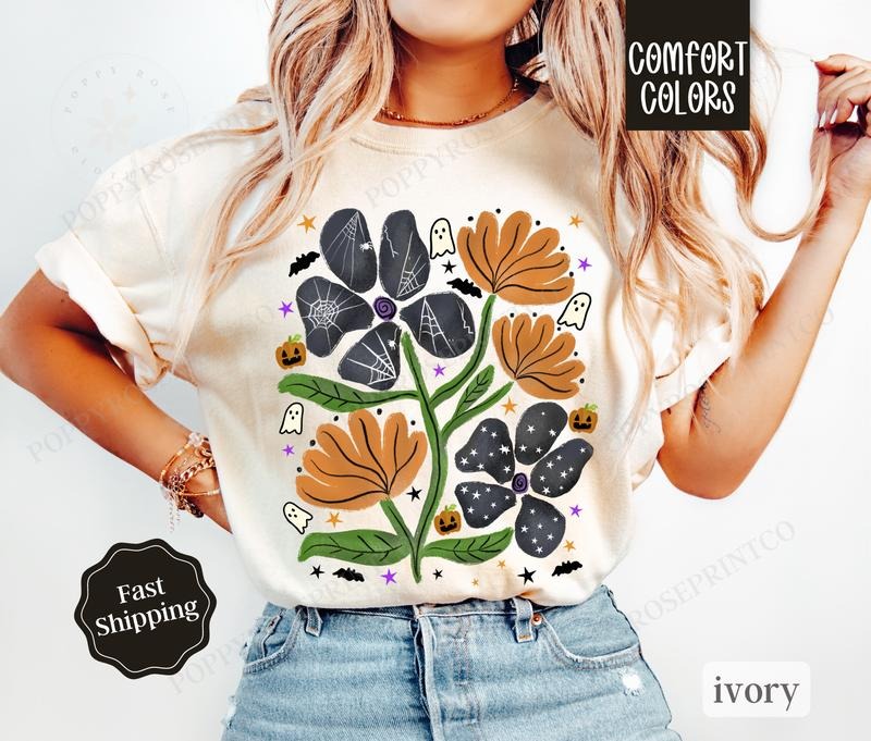 Abstract Halloween Shirt Comfort Colors, Fall Ghost Tshirt,  October Vibes Shirt for Women Oversized Crewneck Tee Hoodie,...
