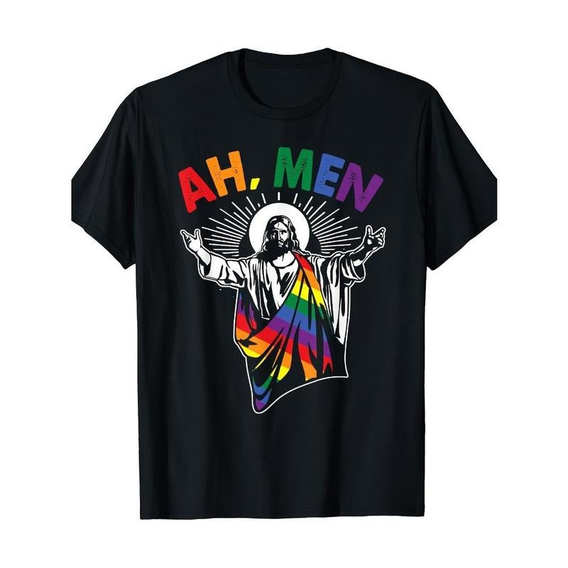 Ah Men Fun LGBT Gay Pride Jesus Rainbow Flag Christian Men's T-shirt Made in USA Hoodie, Sweatshirt | GrindPrints.com