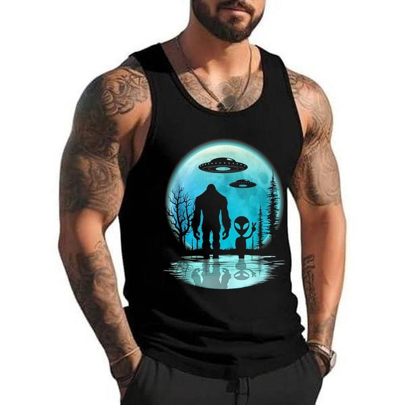 Alien And Bigfoot Moon Unisex Tank Top, Cotton, Size S-3XL T-Shirts, Hoodie, Sweatshirt | GrindPrints.com