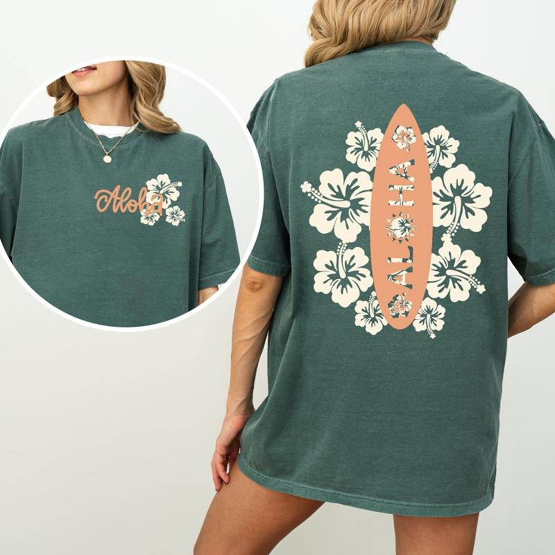 Aloha Hawaii Comfort Colors Shirt, Hibiscus Flower T-shirt, Summer Chill Vibes Graphic Tee, Summer Surf Board Clothing,...