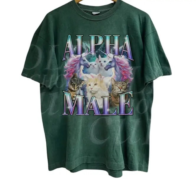 Alpha Male Unicorn Cat Ironic Vintage 90s T-Shirt, Retro Funny Rainbow Unisex Tshirt,, Funny Weird Meme Shirt, Funny Cat...
