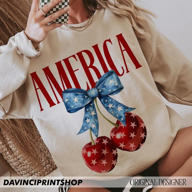 America Cherries Sweatshirt, Cherry Bow Tee, Trendy July 4th Shirt, 4th of july Woman Shirt, Usa Flag Hoodie
