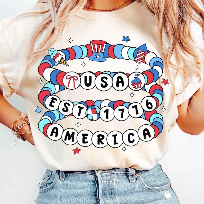 America Friendship Bracelet Girly 4th July Shirt 1776 Memorial Day Preppy USA Independence Day Vintage America Coquette Shirts Mom Menswear Top Top Menswear T-Shirts, Hoodie, Sweatshirt