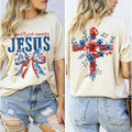 America Needs Jesus Flower 2 Sided Shirt, Christian America Coquette Bow Tee, Usa Flag Flowal Cross ,Christian 4th of...
