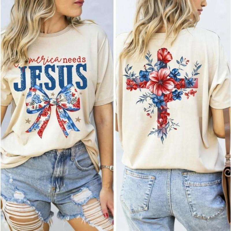 America Needs Jesus Flower 2 Sided Shirt, Christian America Coquette Bow Tee, Usa Flag Flowal Cross ,Christian 4th of...