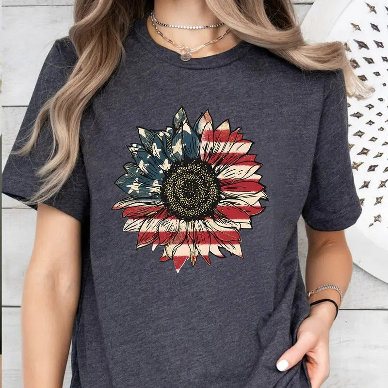 America Sunflower Shirt, USA Flag Flower T Shirt, Gift For American, 4th Of July Flag Hoodie, Sweatshirt | GrindPrints.com