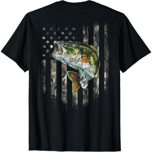 American Flag (Print on the Back) Camo Bass Fish Fishing T-Shirt Made in USA Hoodie, Sweatshirt | GrindPrints.com